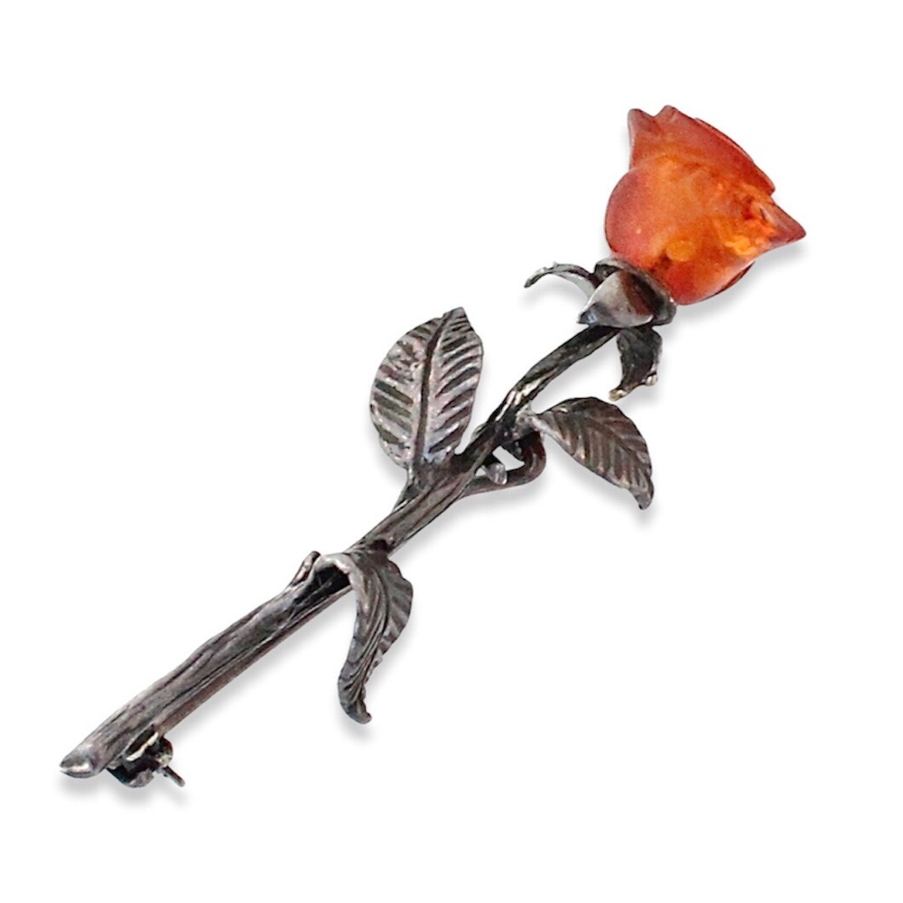 Vintage Baltic Amber Sterling Silver Rose Brooch Carved Flower Long Stem Pin